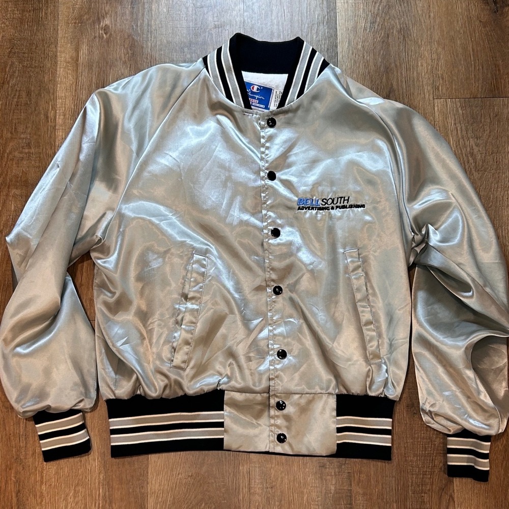 Vintage Champion BellSouth Satin Bomber Jacket Silver Mens Large Made in USA
